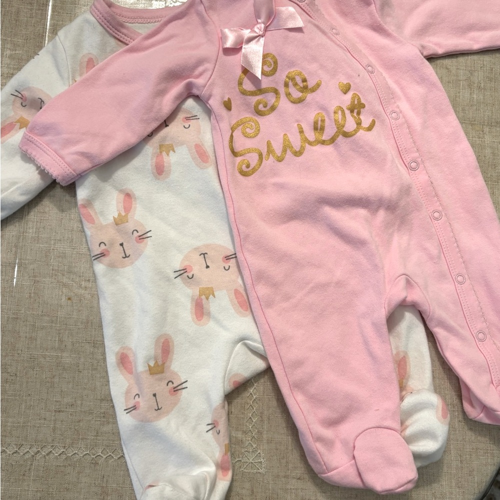 Set of 2 Button Up Long Sleeve Footie Onesies, Pink Bunnies/Ribbon, 3 Months